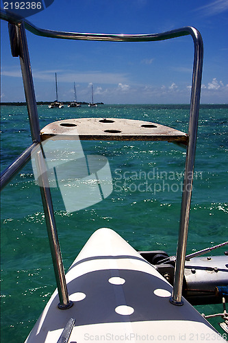 Image of  catamaran  boat  coastline in Deer Island mauritius