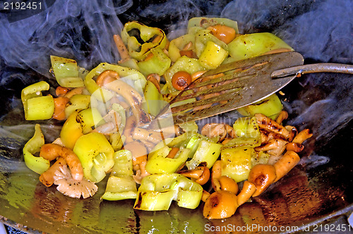 Image of vegetables, tofu and mushroom in a Chinese wok