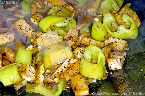 Image of vegetables, tofu and mushroom in a Chinese wok