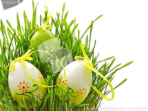 Image of Easter eggs in a green grass