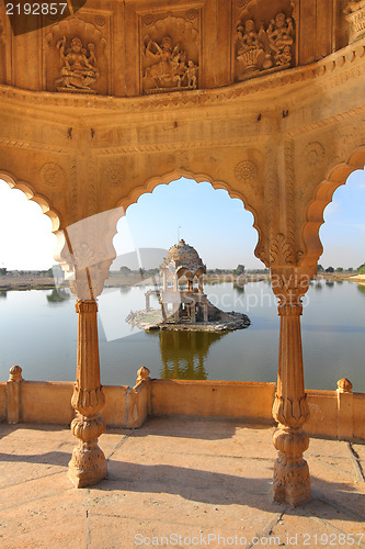 Image of old jain cenotaphs on lake in jaisalmer india