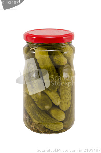 Image of natural food resource cucumbers canned glass pots 
