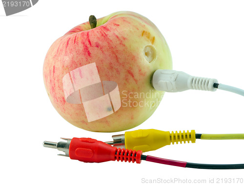 Image of tulip audio video wires plugs connected into apple 