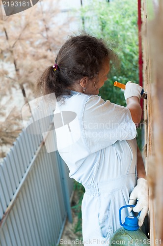 Image of Pretty woman painting her house