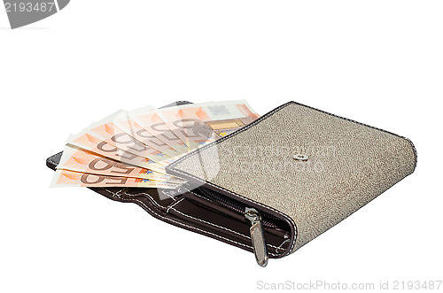 Image of Isolated fabric women's purse wallet with 50 euro banknotes