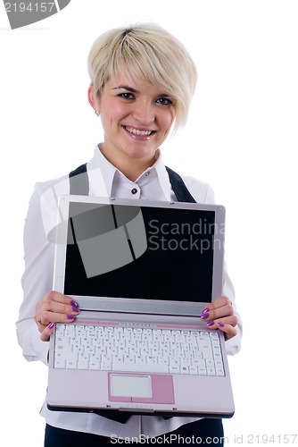 Image of Young attractive woman with laptop