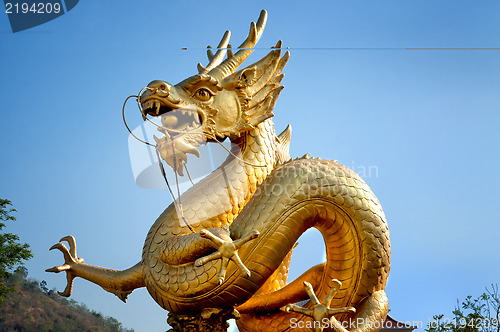 Image of Golden dragon over blue sky