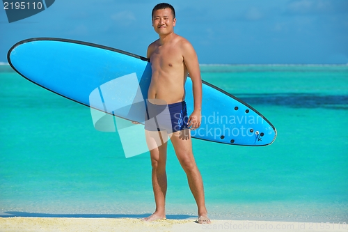 Image of Man with surf board on beach