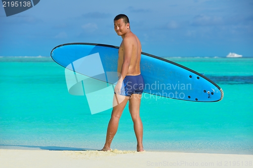 Image of Man with surf board on beach