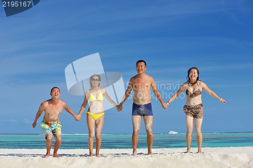 Image of group of happy young people have fun on bach