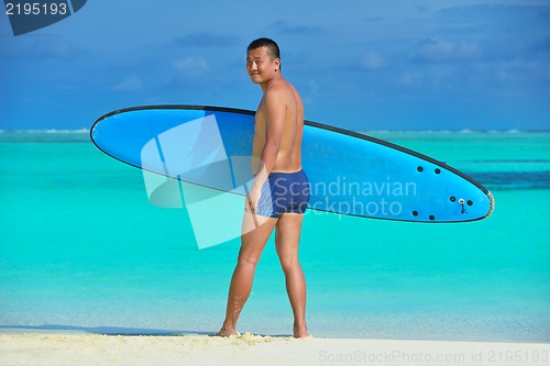 Image of Man with surf board on beach