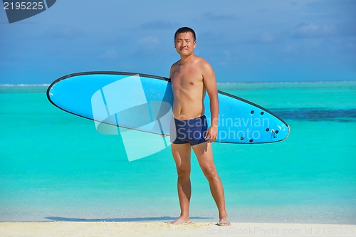 Image of Man with surf board on beach