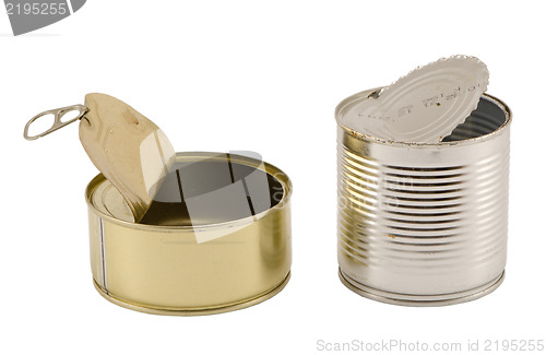 Image of pair open used metallic cans isolated white 
