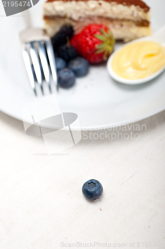 Image of tiramisu dessert with berries and cream