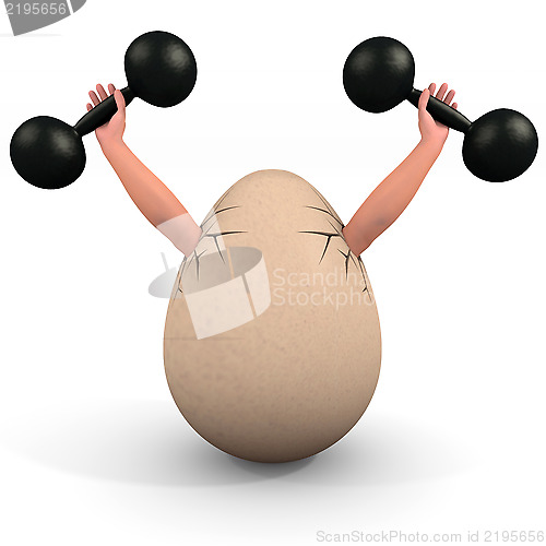 Image of Egg holds a dumbbell