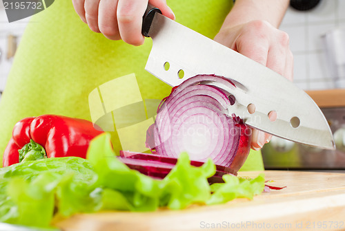 Image of Woman's hands cutting bulb onion