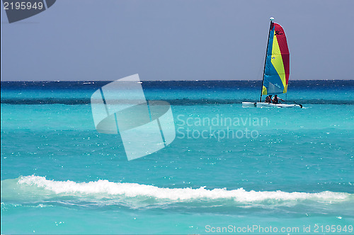 Image of catamaran  boat  and coastline in mexico playa del carmen