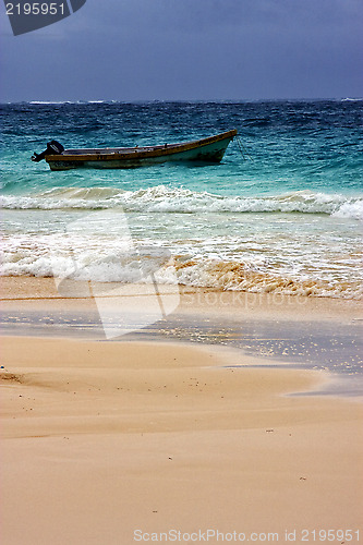 Image of cloudy  motor boat  boat  and coastline in mexico 