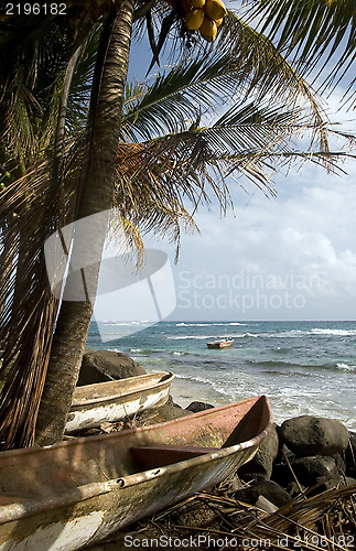 Image of kayak small fishing boats Caribbean Sea Big Corn Island Nicaragu