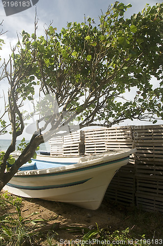 Image of panga fishing boat  commercial lobster traps Big Corn Island Car