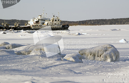 Image of Barge moored on the Bay in winter