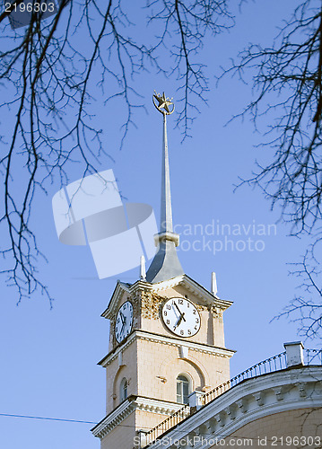 Image of Clock tower spire crowned with the Soviet star