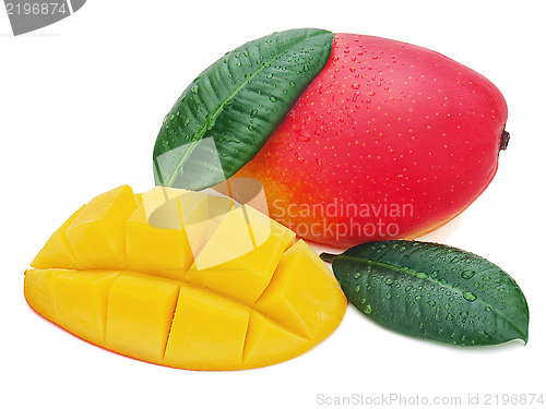 Image of Fresh mango fruit with cut and green leaves isolated on white ba