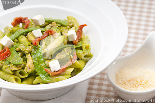 Image of Italian penne pasta with sundried tomato and basil