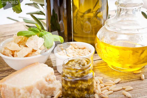 Image of tatsty geen olives parmesan and olive oil 
