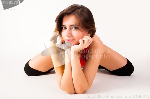 Image of young happy woman doing fitness exercise