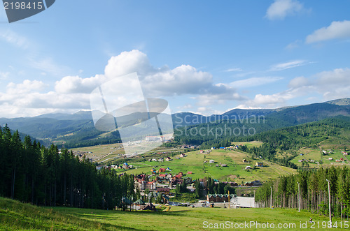 Image of Beautiful green mountain landscape with trees in Carpathians