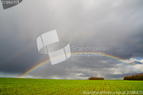 Image of natural rainbow over green field