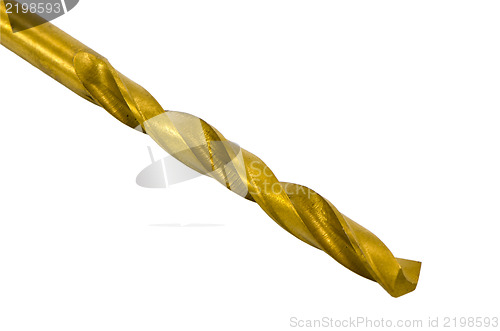 Image of closeup golden drill bit isolated on white 