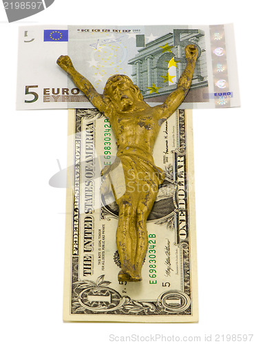 Image of concept gold jesus crucify euro dollar cash white 