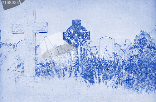 Image of Drawing of a celtic cross on a graveyard
