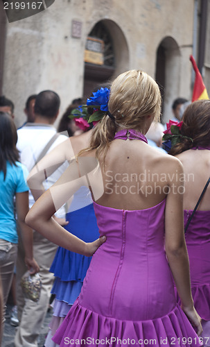 Image of Beautiful women of Spain folk group. dancers