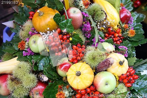Image of Fall arrangement with fruits and flowers