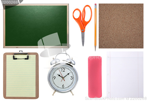 Image of Chalkboard, Paper, Scissors, Pencil and Corkboard Isolated