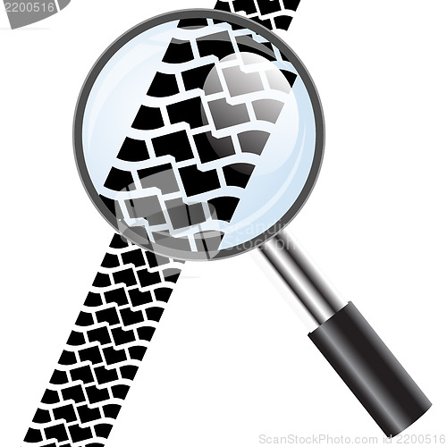 Image of Magnifying glass icon, trail tires. Vector illustration.