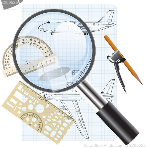 Image of Magnifying glass icon, drawing   aircraft. Vector illustration.