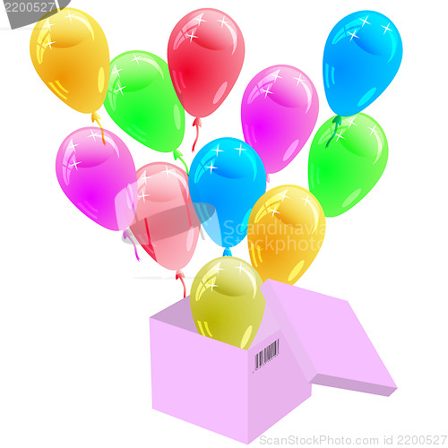 Image of Glossy multicolored balloons flying out of the cardboard box. Ve