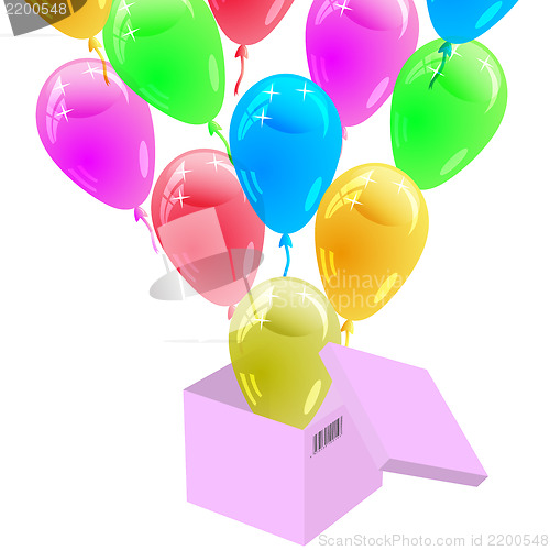 Image of Glossy multicolored balloons flying out of the cardboard box. Ve