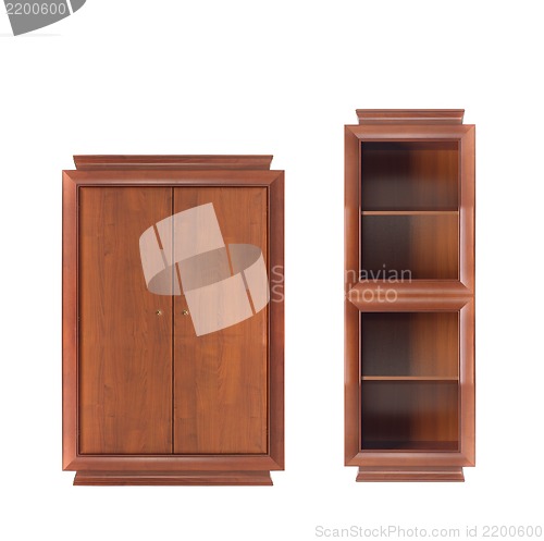 Image of bookcase with wooden wardrobe