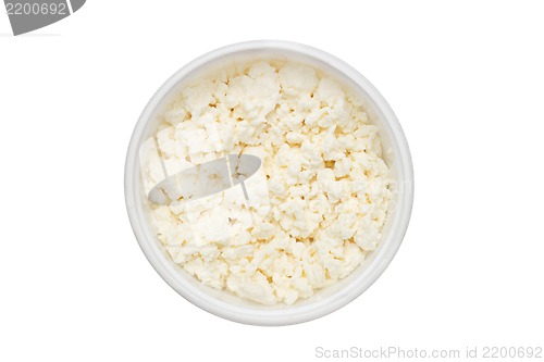 Image of Cottage cheese in plastic container isolated on white background
