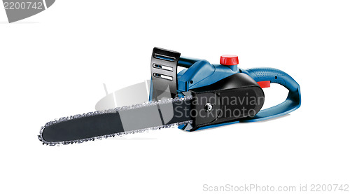 Image of Blue chain saw on a white background.