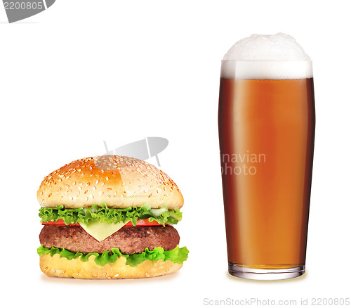 Image of Hamburger with beer over white background