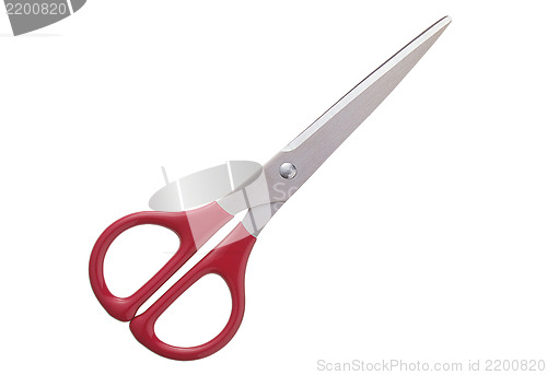 Image of Red plastic handle closed scissors on white background.