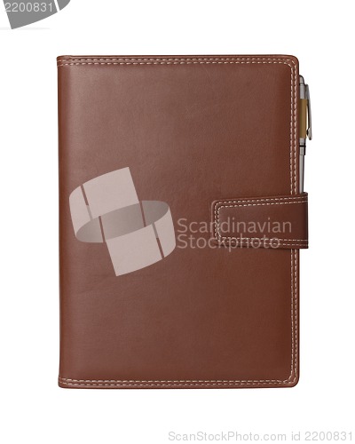 Image of Leather notebook and pencil on white background.