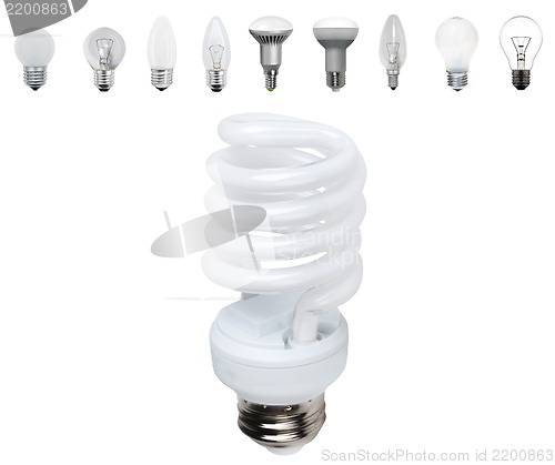 Image of Different old types of bulbs and modern light-bulb isolated