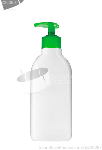 Image of Gel, foam or liquid soap in plastic bottle